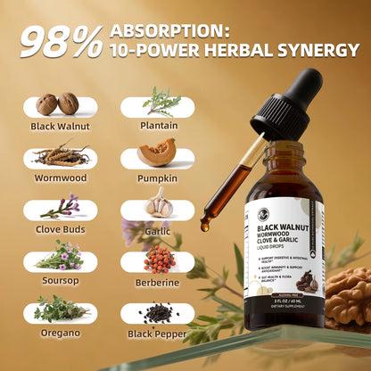 Black Walnut Wormwood Liquid Drops 10 Pure Botanical Extract – Digestive Health & Gut Balance Support with Clove & Garlic